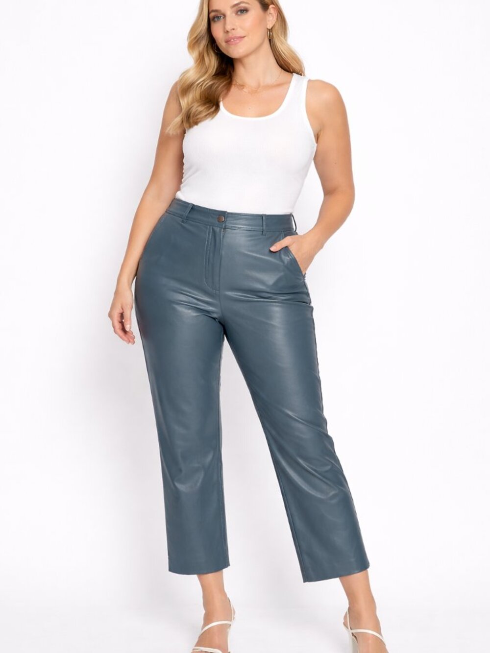 Aritzia Babaton Vegan Leather Pants Gray Blue Teal Size 12 Cropped Straight Leg